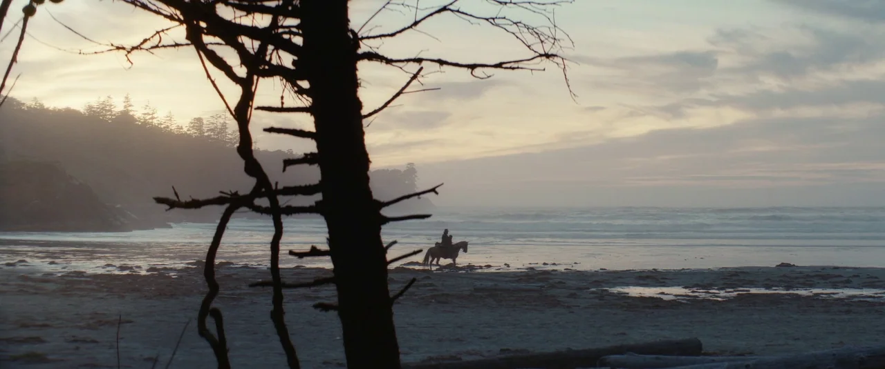 The Dead Don’t Hurt (2023) movie still: wide — A wide sandy beach stretches toward the ocean under a pale, cloudy dusk sky. A lone person on…