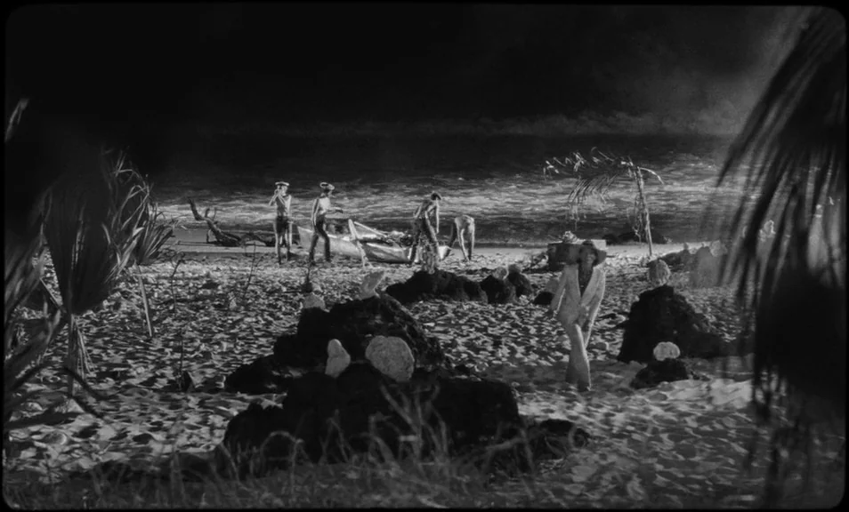 The Wild Boys (2017) movie still: wide — A dark, sandy shoreline at night with palm leaves framing the foreground. Several figures stand near a…