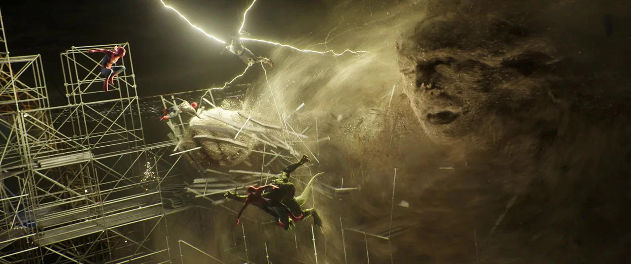 Spider-Man: No Way Home (2021) movie still: wide — A dark construction site is cluttered with metal scaffolding and swirling airborne debris clouds.…