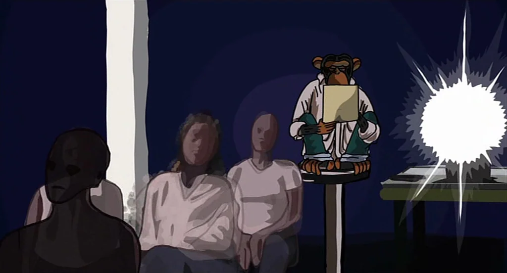 Waking Life (2001) movie still: wide — An interior space features three human figures and a chimpanzee on a stool. The chimpanzee reads a paper next…