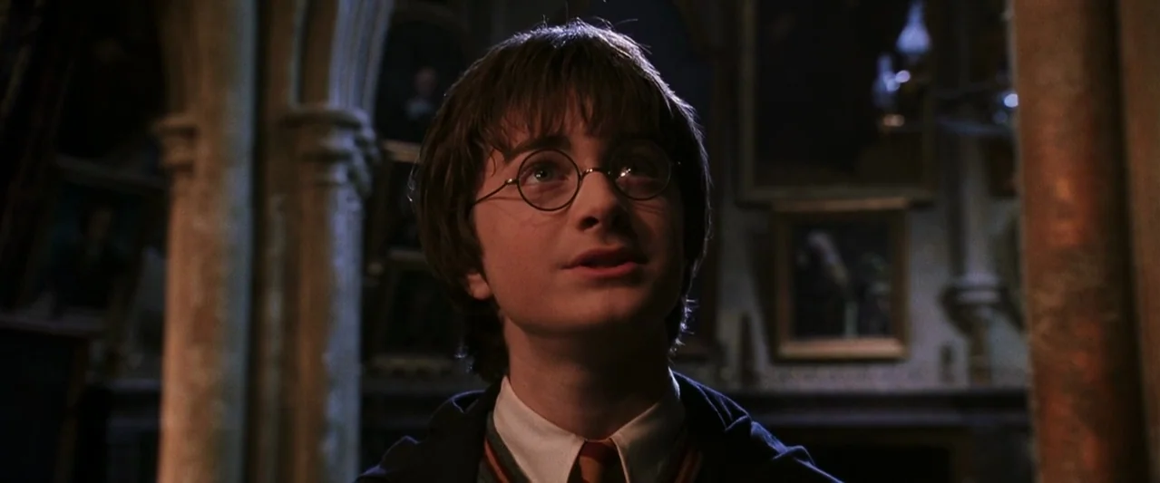 Harry Potter and the Chamber of Secrets (2002) movie still: medium — The interior of a stone corridor features arched columns and framed wall…