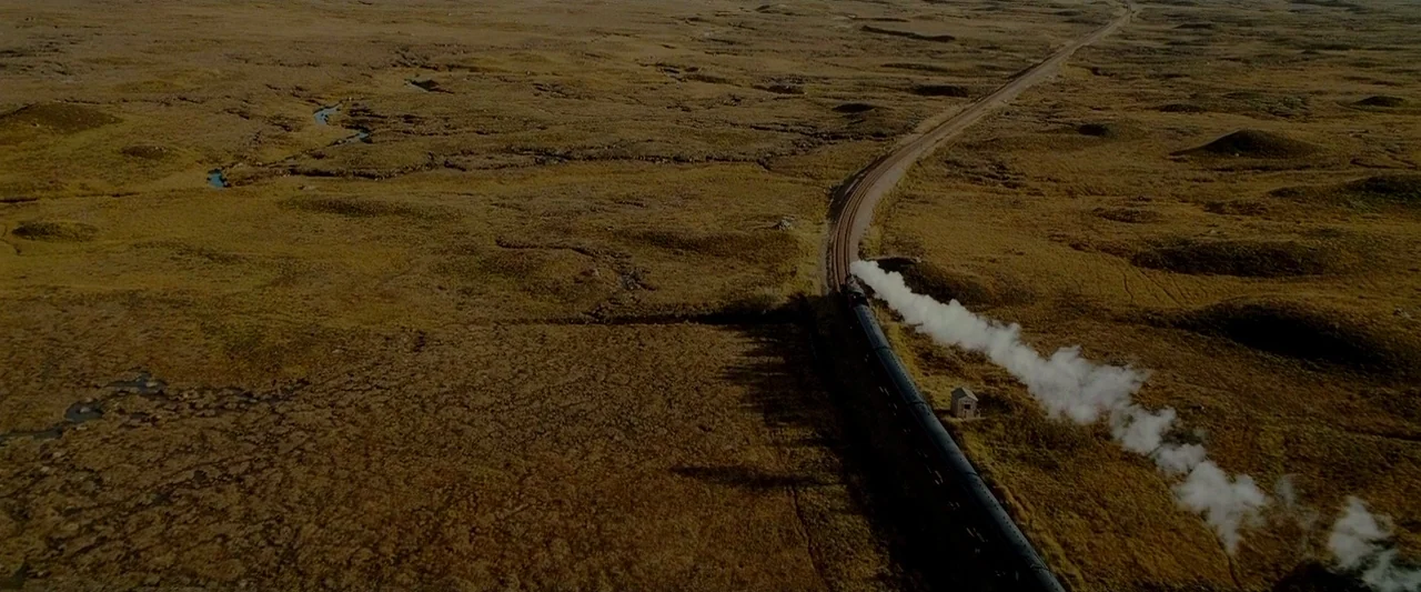 Harry Potter & The Half Blood Prince (2009) movie still: establishing — A vast, rolling expanse of dry golden-brown grassland is bisected by a train…