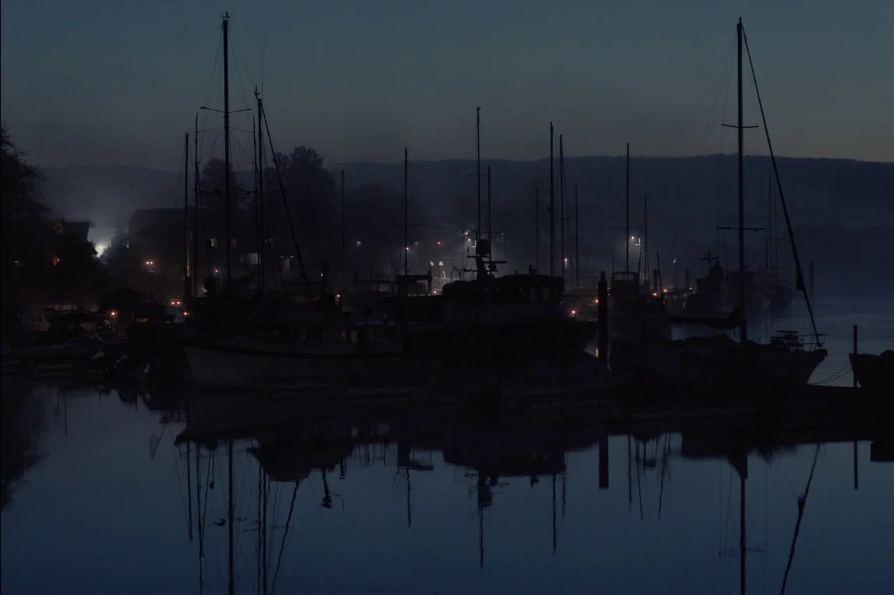 Sometimes I Think About Dying (2023) movie still: establishing — A marina filled with moored boats under a dark pre-dawn sky with low fog. The hulls…