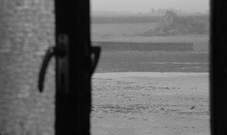 Sátántangó (1994) movie still: establishing — A view through an open window reveals a flat, barren rural landscape under gray skies. An out-of-focus…