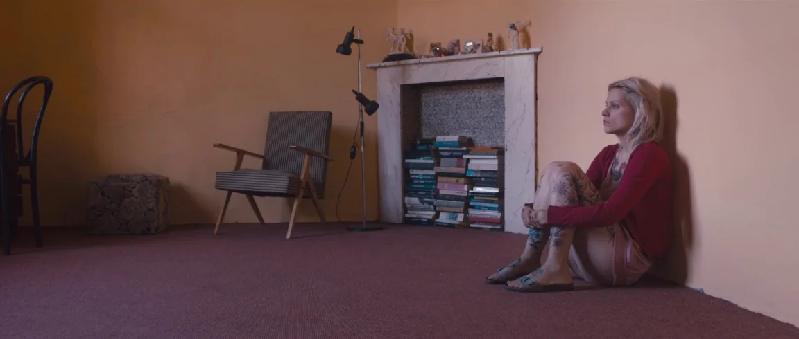 Broken Circle Breakdown (2012) movie still: wide — A sparsely furnished room features peach-colored walls and a dark red carpet floor. A tattooed…