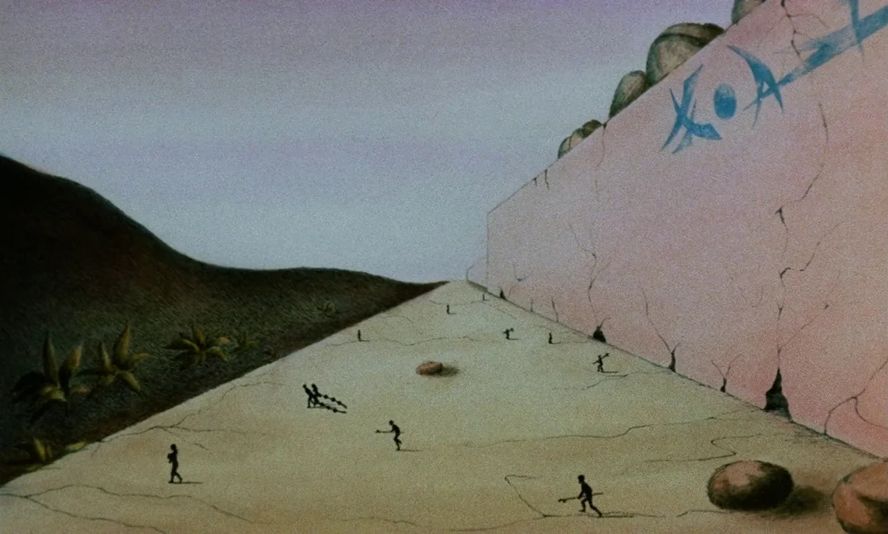 Fantastic Planet (1973) movie still: wide — A vast, barren desert plain stretches out next to a long, high stone wall. Several tiny black figures…