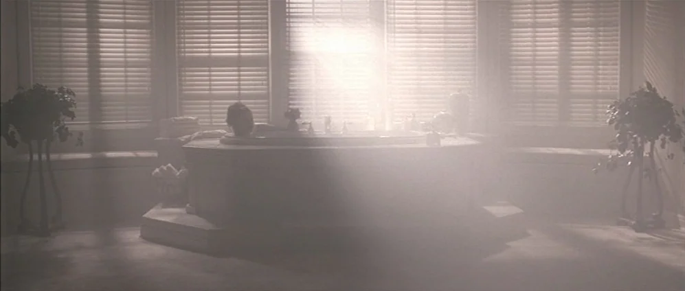 American Beauty (1999) movie still: wide — A grand, tiled room features a large central soaking tub in front of windows. Bright, diffused sunlight…