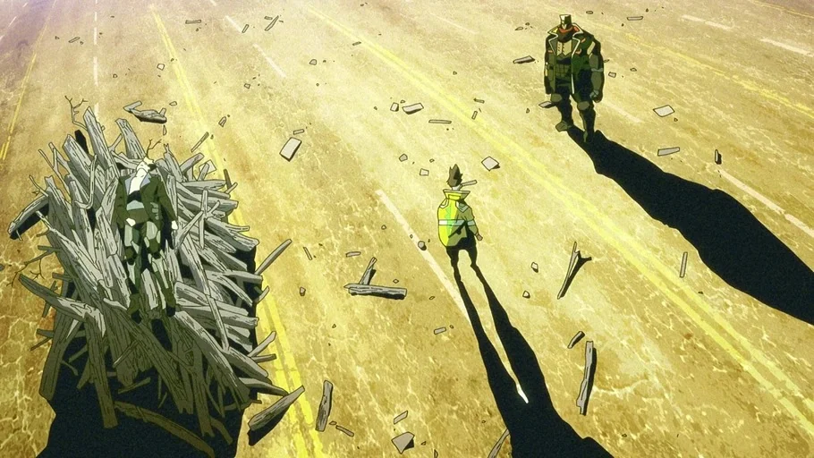 Cyberpunk: Edgerunners (2022) movie still: wide — An abandoned highway is covered in debris and a large pile of wooden branches. Two men stand over…