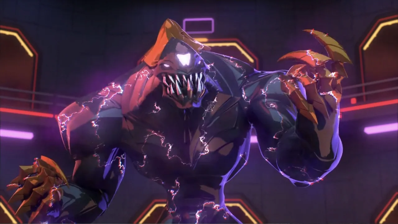 Max Steel: Turbo Warriors (2017) movie still: medium — A dark, enclosed arena features geometric wall panels illuminated by glowing purple and red…