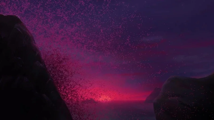 BLUE EYE SAMURAI (2023) movie still: establishing — A dark rocky coastline is visible under a vibrant magenta and purple evening sky. Small…