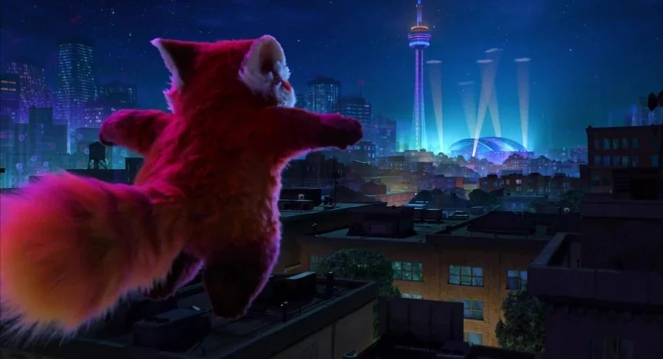 Turning Red (2022) movie still: medium — A view over a city skyline at night with a prominent tall broadcasting tower. A large red panda character…