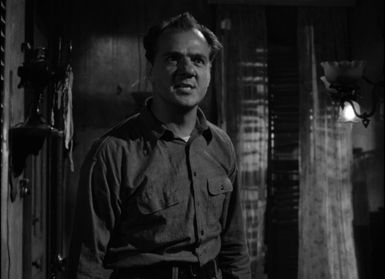 A Streetcar Named Desire (1951) movie still: medium — A dimly lit room with draped windows and textured wall surfaces in a home. A man in a dark…