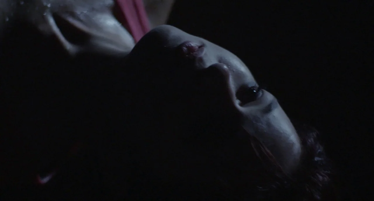 It Felt Like Love (2013) movie still: closeup — An dark, indistinct interior environment contains a person in shadows. A woman's face is illuminated…
