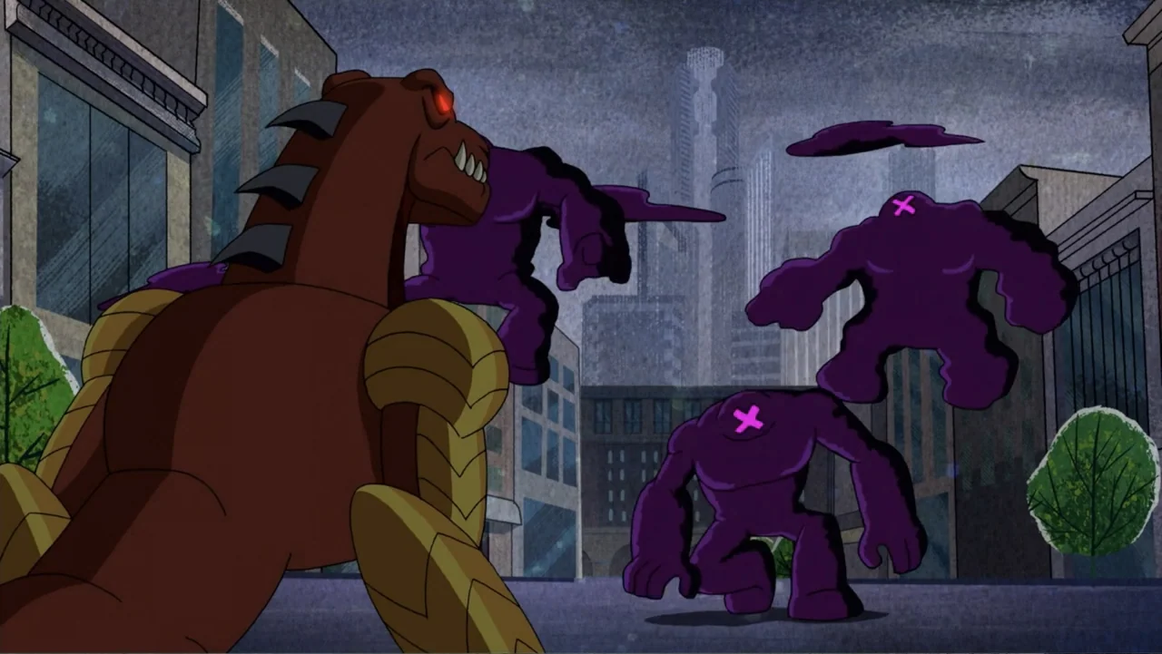 Ben 10: Ben 10,010 (2021) movie still: wide — A brown armored dinosaur-like creature faces off against three purple amorphous monsters in a city.…