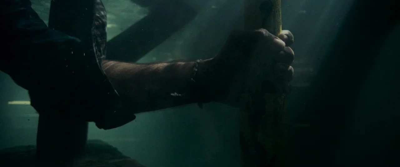 Crawl (2019) movie still: closeup — Sunlight penetrates the surface of dark, murky water illuminating a thick wooden pillar. A human hand wrapped in…