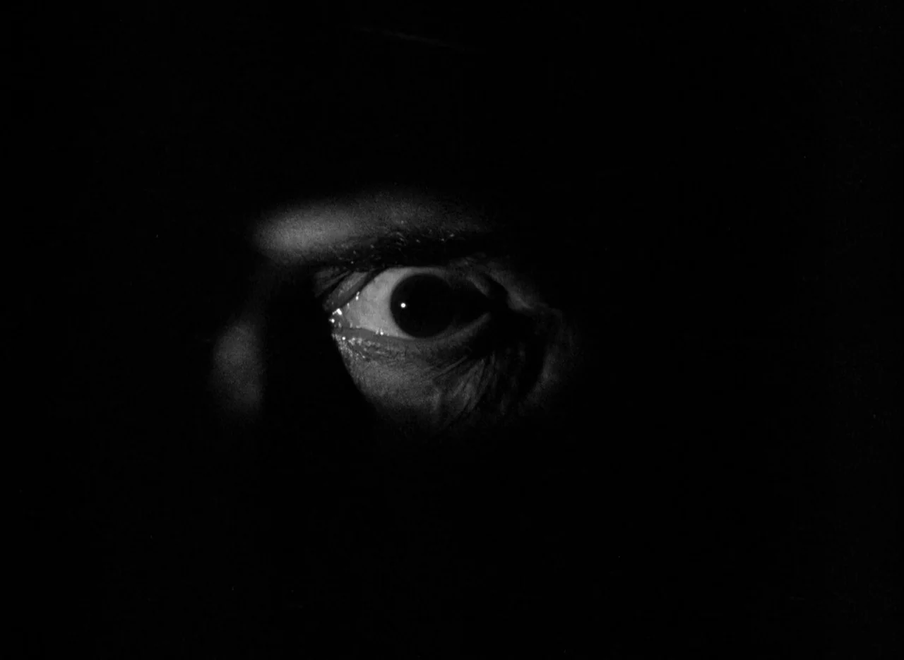 The Spiral Staircase (1946) movie still: closeup — A dark space obscures the rest of the face and surroundings. A single human eye is illuminated…