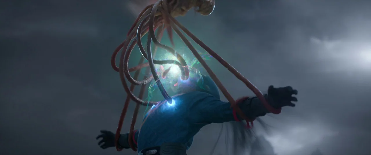 Shang-Chi and the Legend of the Ten Rings (2021) movie still: medium — A dark, cloud-filled alien sky serves as the backdrop for the floating…