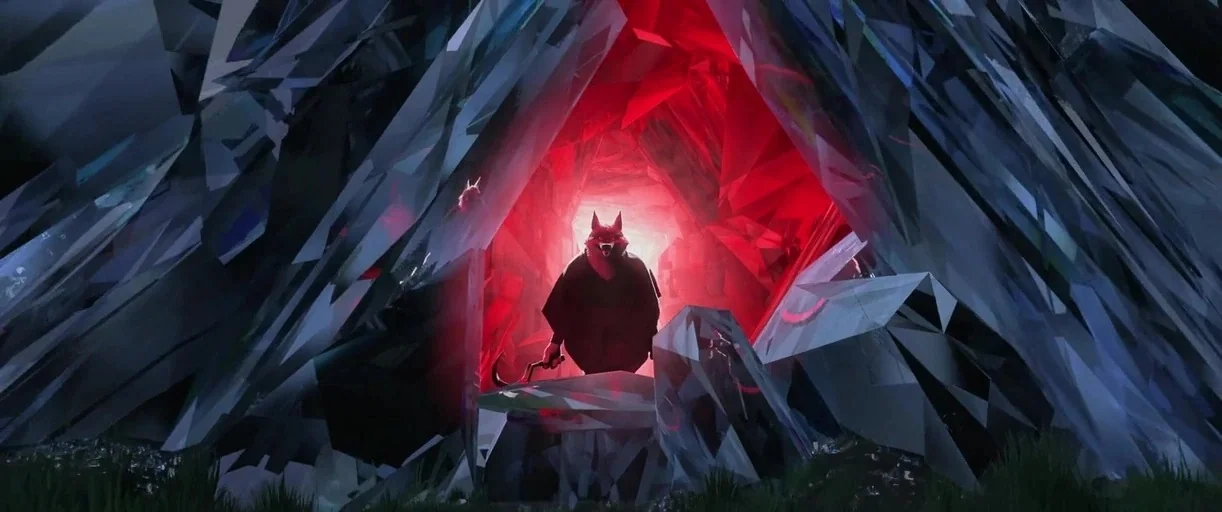 Puss in Boots: The Last Wish (2022) movie still: wide — A jagged entrance of a large cave lined with sharp, blue, multifaceted crystal formations.…