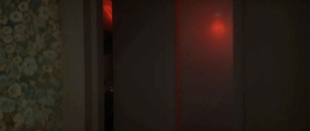 Dressed to Kill (1980) movie still: medium — A dimly lit interior hallway features vintage floral patterned wallpaper on the left wall. A person is…
