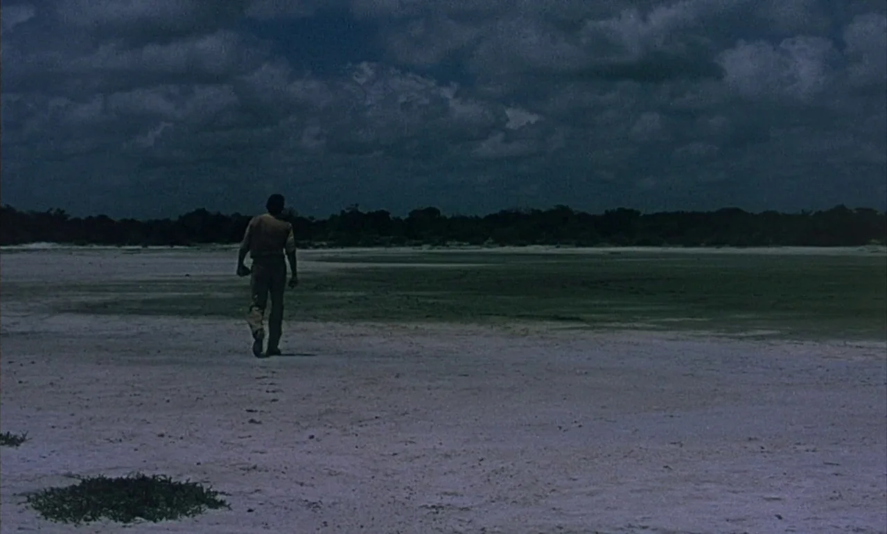 The Purple Plain (1954) movie still: wide — A vast, barren landscape under a heavily clouded, dark sky with low-lying vegetation. A single man walks…
