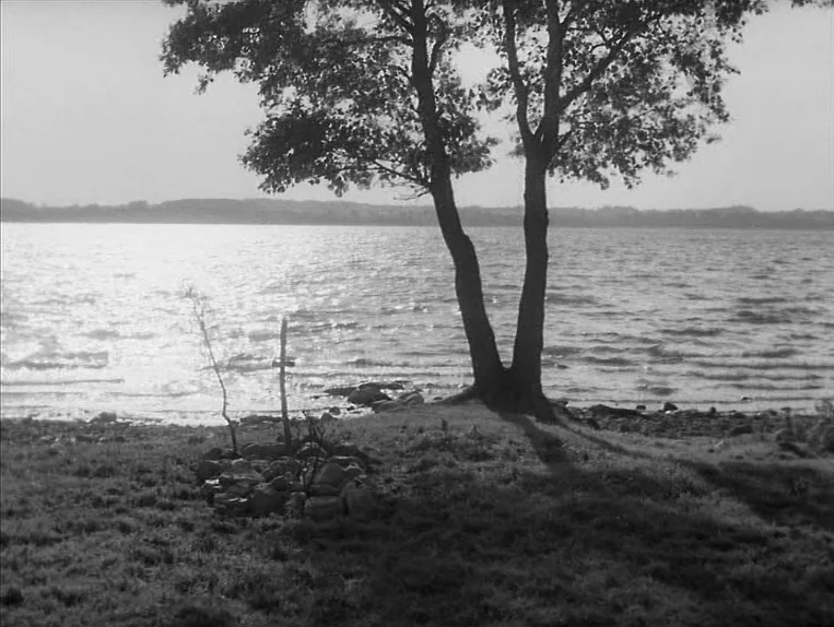 Effi Briest (1974) movie still: wide — A grassy lakeshore features a dual-trunk tree standing next to a small stone memorial. A wooden cross stands…