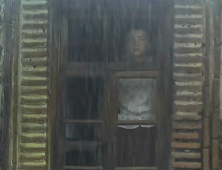 The Wishing Tree (1977) movie still: medium — A person looks out from behind a wooden-framed window set in a textured brick wall. Rain falls across…