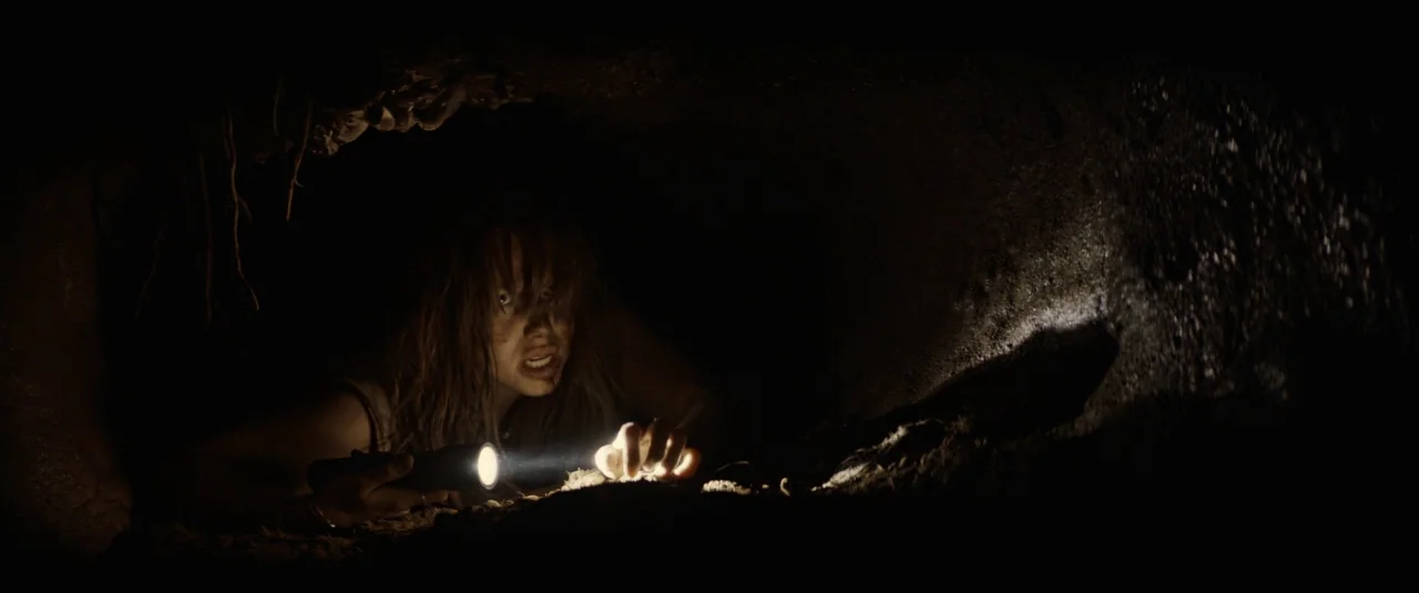 The Hole in the Ground (2019) movie still: closeup — A tight earthen tunnel with visible roots hanging from the top. A young woman crawls through…