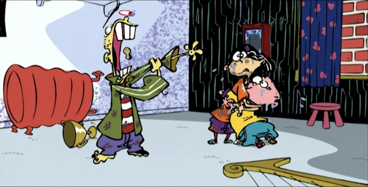 Ed, Edd n Eddy's Big Picture Show (2009) movie still: medium — A cartoon living room features a patterned wall, a red radiator, and floor props. A…