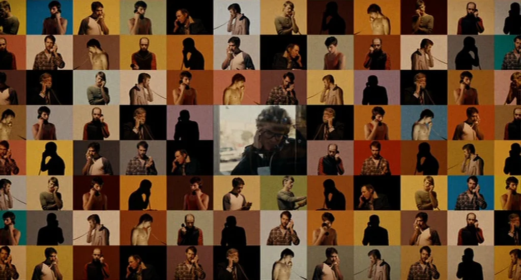 Milk (2008) movie still: wide — A grid of numerous small square frames shows various men talking on telephones. Each square features a distinct man…