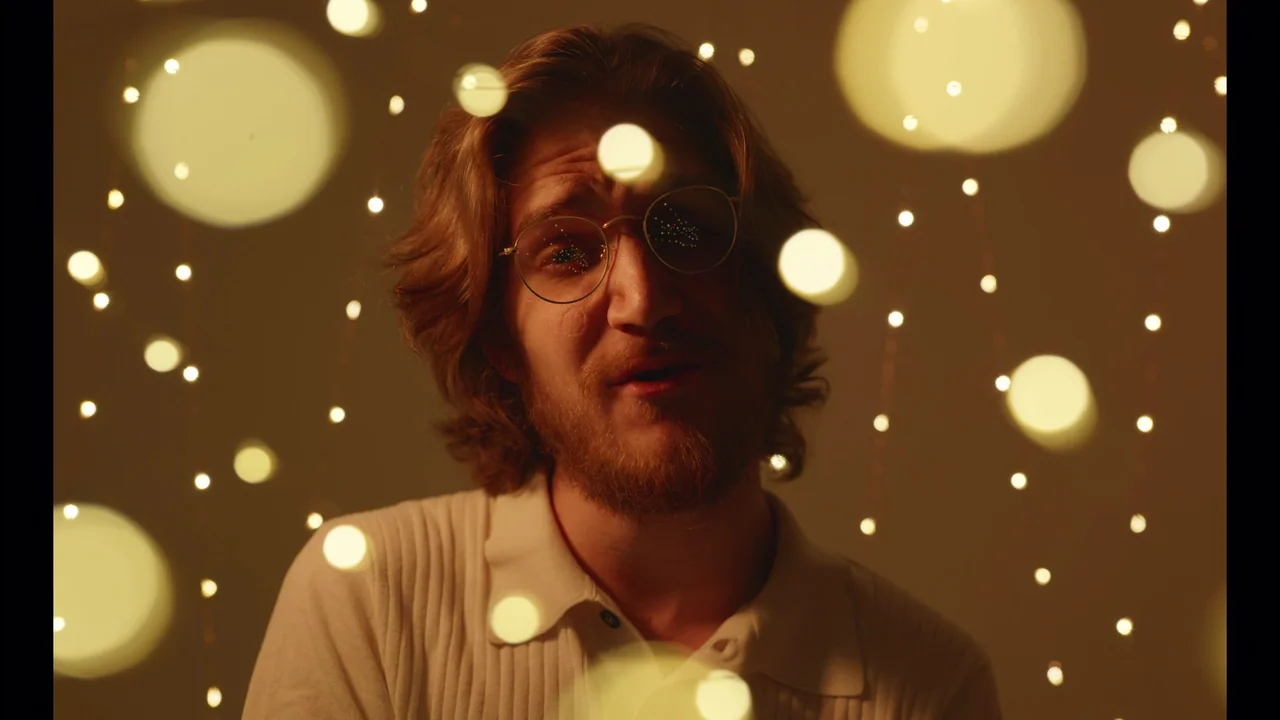 Bo Burnham: Inside (2021) movie still: closeup — A man stands in a studio space decorated with an array of glowing fairy lights. He remains…