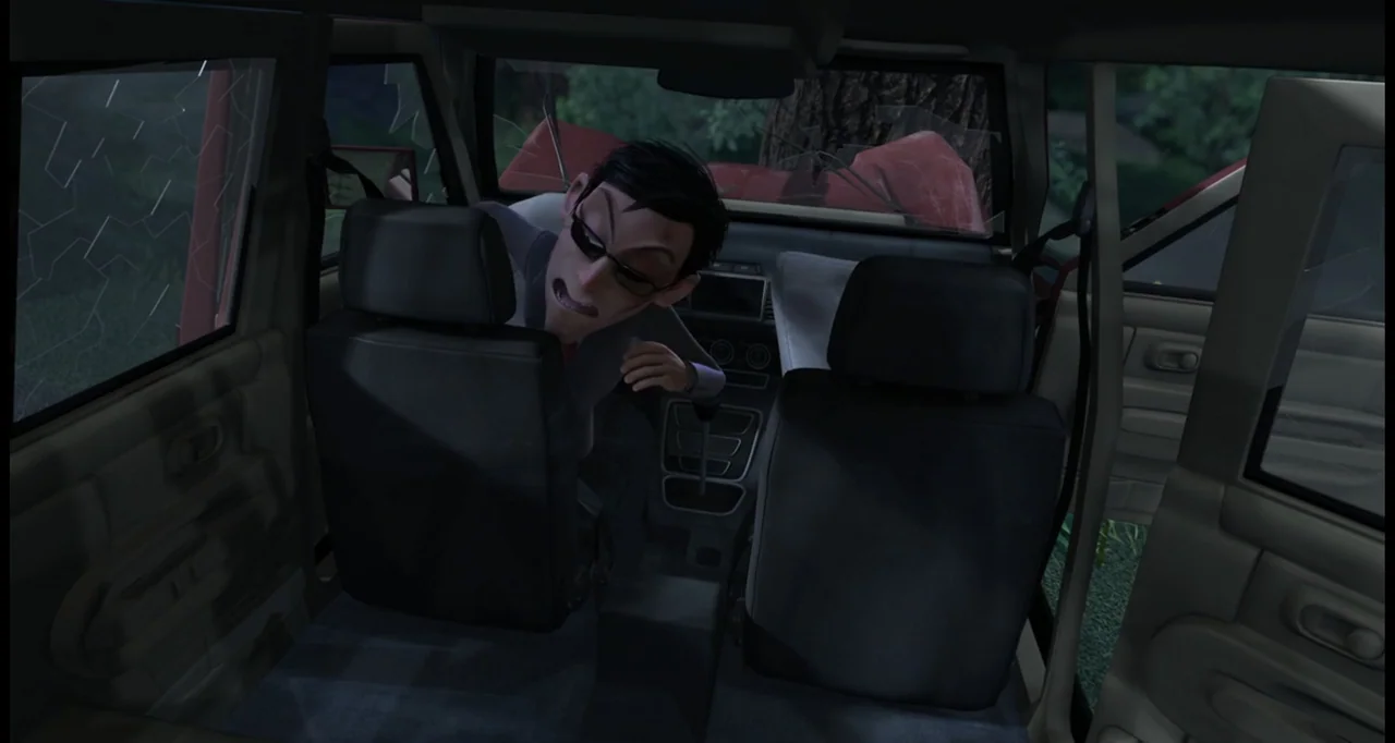 Boonie Bears: To the Rescue (2014) movie still: medium — The interior of a vehicle with shattered side windows and a tree branch visible outside. A…