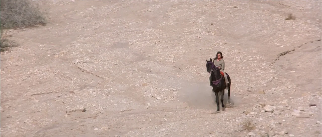 Sahara (1995) movie still: wide — An arid, rocky landscape spans the frame with sparse dry vegetation and gravel. A woman rides a black horse across…