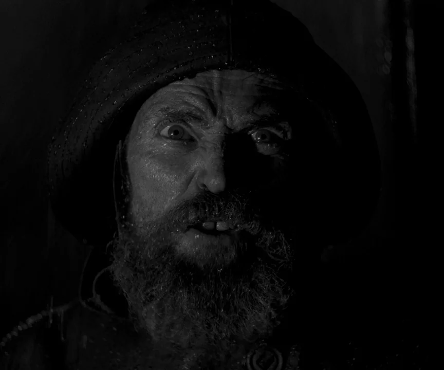 The Lighthouse (2019) movie still: closeup — A man wearing a hood stands outside in heavy rain during the night. The light source catches his face,…