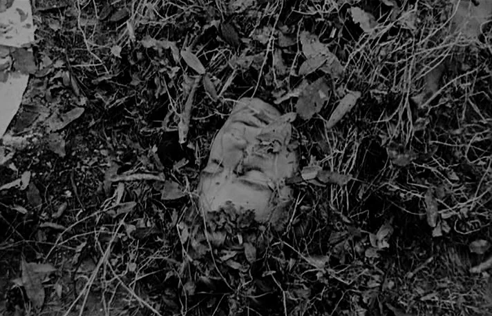 Fando y Lis (1968) movie still: closeup — A man's face lies embedded in the earth surrounded by dry leaves and twigs. The head is partially covered…