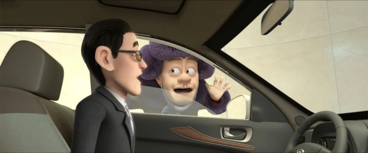 Boonie Bears: A Mystical Winter (2015) movie still: medium — The interior of a modern passenger car with a view of the outside world. A man in a…