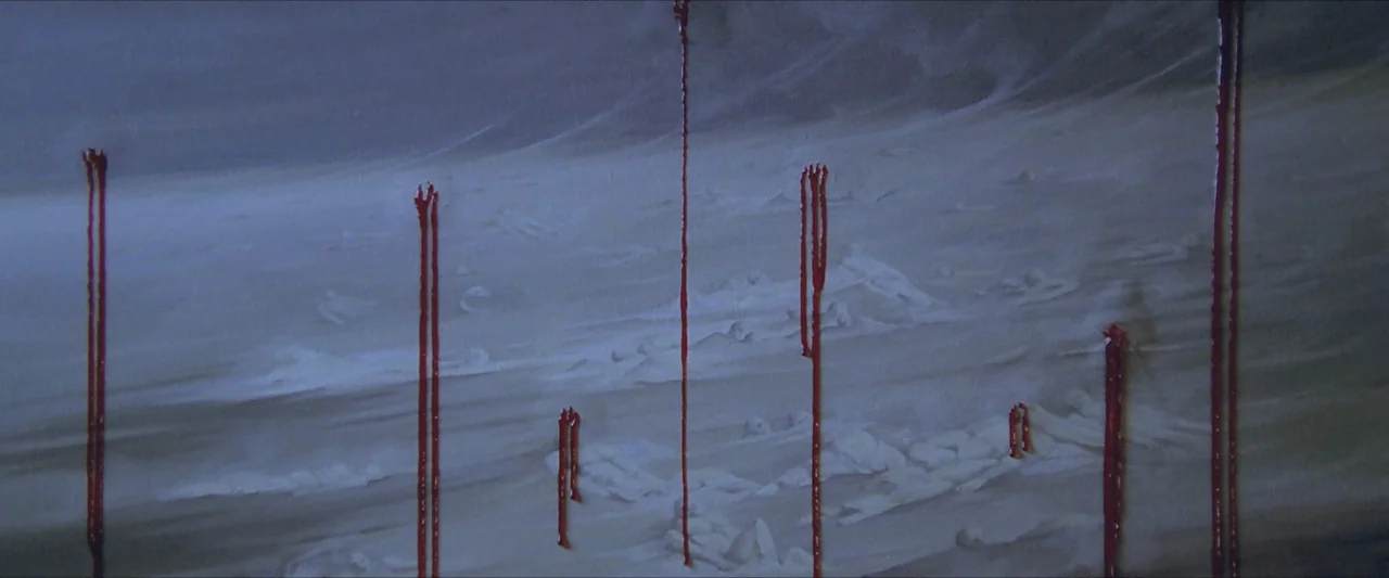 The Beyond (1981) movie still: establishing — A painted canvas depicts a grey landscape with several long vertical red lines. The lines appear to…