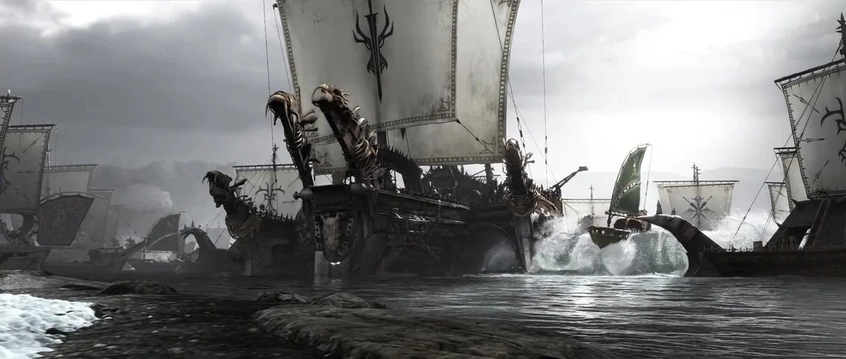 How to Train Your Dragon 2 (2014) movie still: wide — A fleet of large wooden sailing ships with dragon-like prows cuts through turbulent grey…