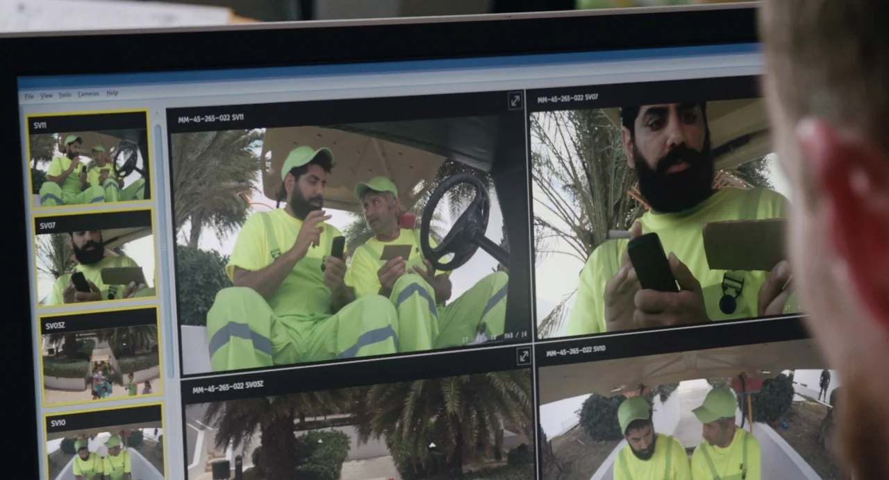 The Day Shall Come (2019) movie still: medium — A close-up view of a computer monitor displaying various video camera feed thumbnails. The screen…