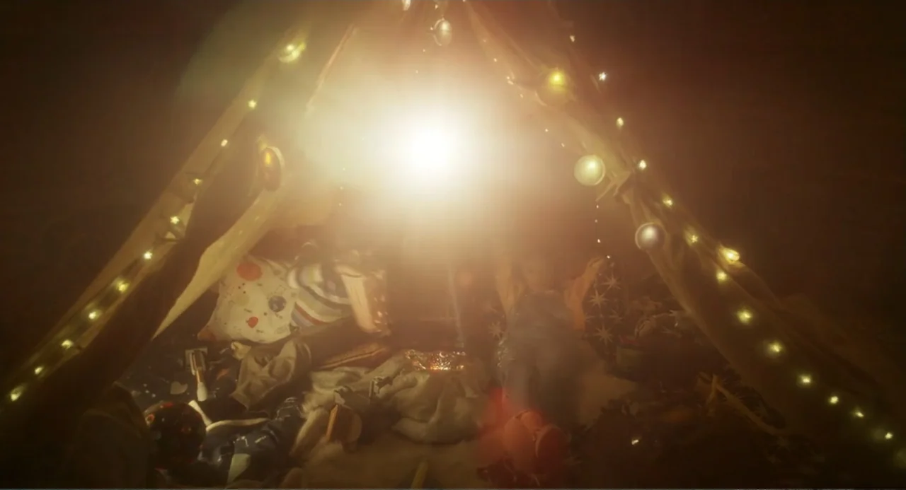 How to Date Billy Walsh (2024) movie still: medium — Two children sit inside an interior blanket fort decorated with strings of small lights. They…