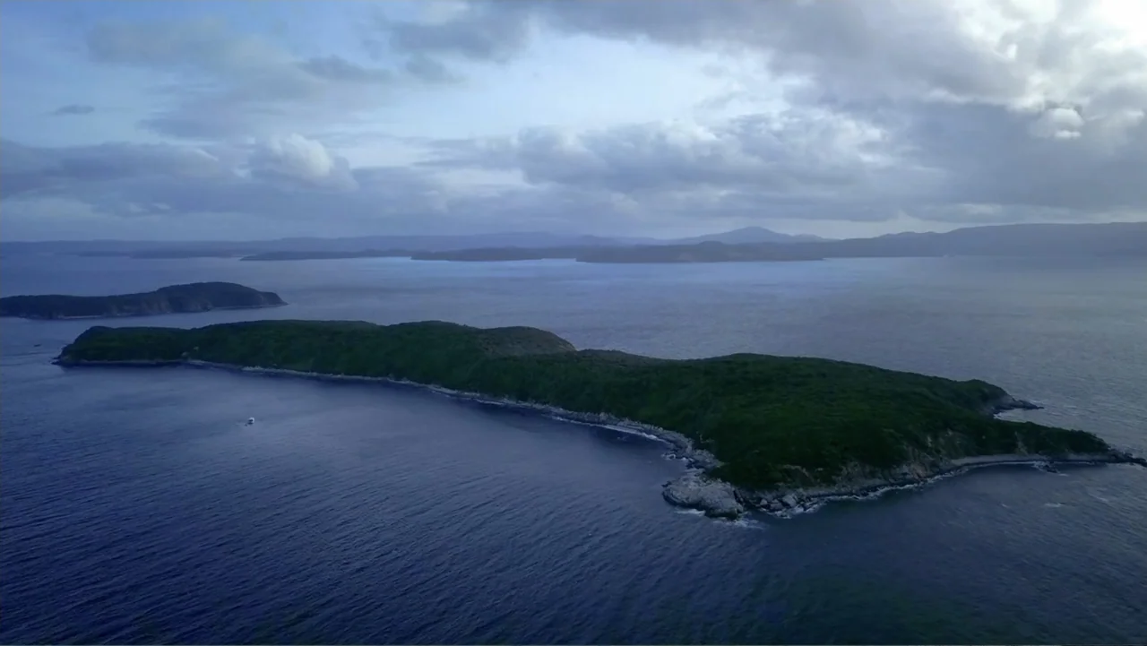 Shark Week: Off the Hook (2023) movie still: establishing — An aerial view displays a long, green-covered island surrounded by deep blue water.…