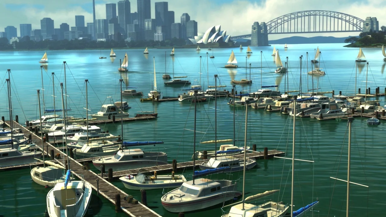 Finding Nemo (2003) movie still: establishing — A bustling marina in Sydney contains rows of small white boats tied to wooden docks. The modern city…