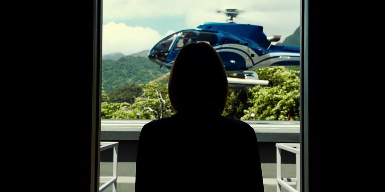 Jurassic World (2015) movie still: medium — A person stands in a dark doorway facing an outdoor landing pad. A blue helicopter approaches the pad in…