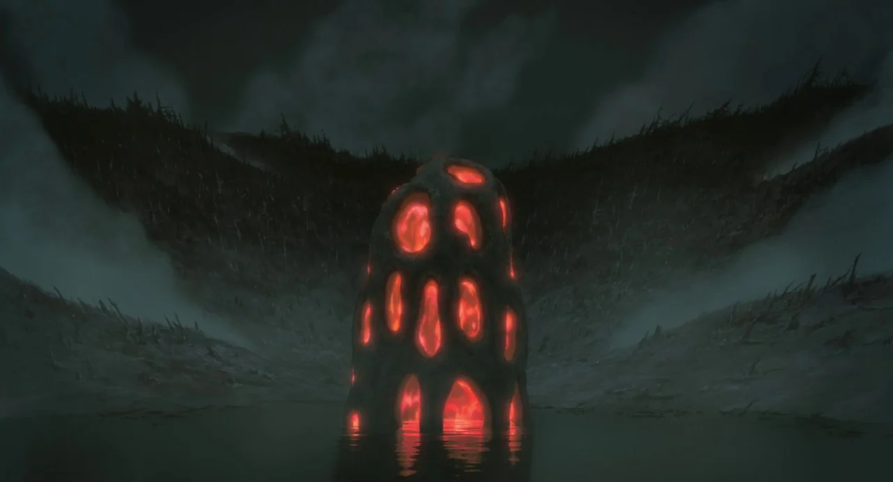 The Boy and The Heron (2023) movie still: wide — A dark, misty landscape features a desolate lake surrounded by a barren treeline. A large, dark,…
