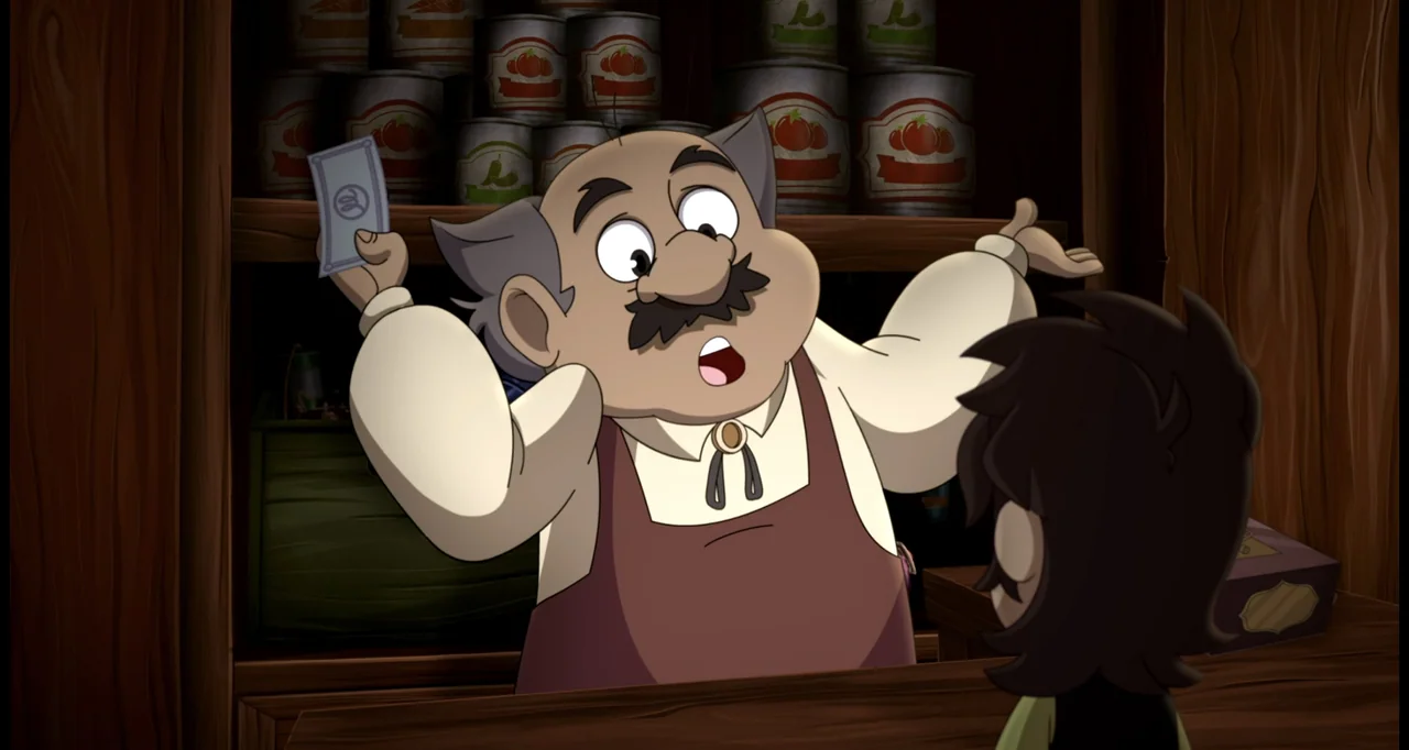 Las leyendas: El origen (2021) movie still: medium — A rustic shop interior features wooden shelves stocked with canned goods behind the counter. A…