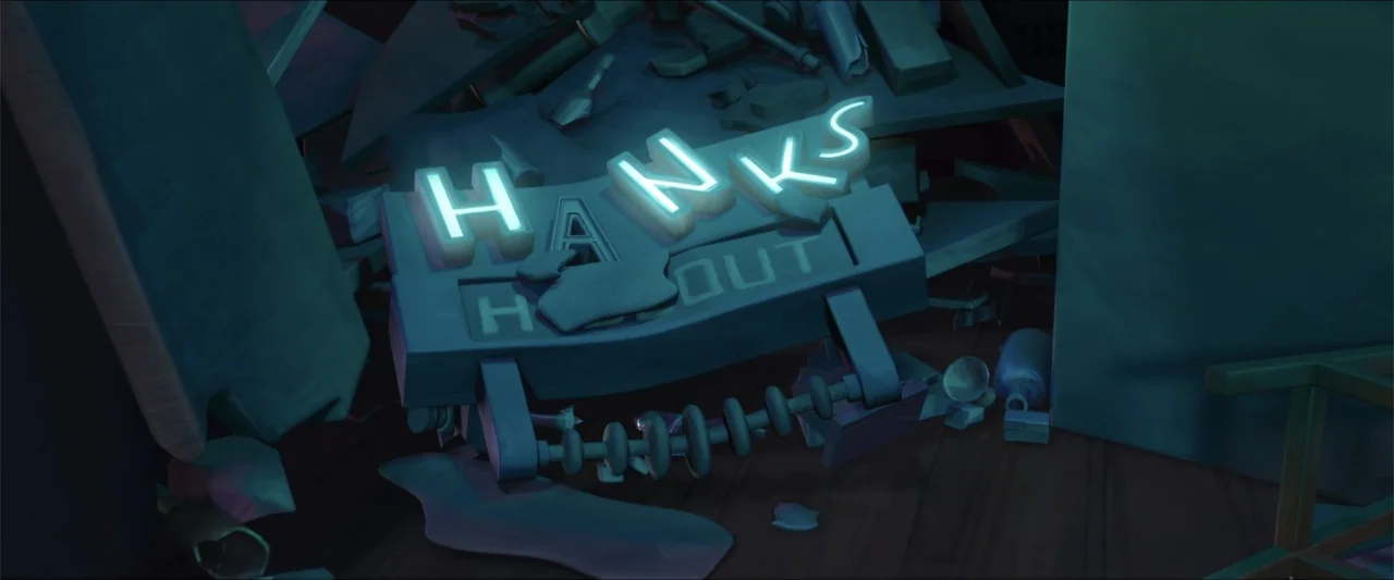 LEGO DC Super Hero Girls: Super-Villain High (2018) movie still: medium — A dark, cluttered interior space is filled with building fragments and…
