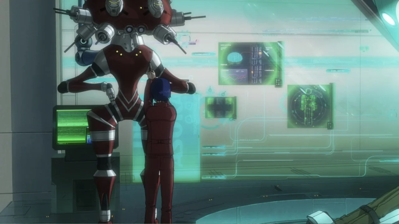 Ghost in the Shell: Arise - Border 1: Ghost Pain (2013) movie still: fullbody — A high-tech laboratory contains glowing digital projections and a…