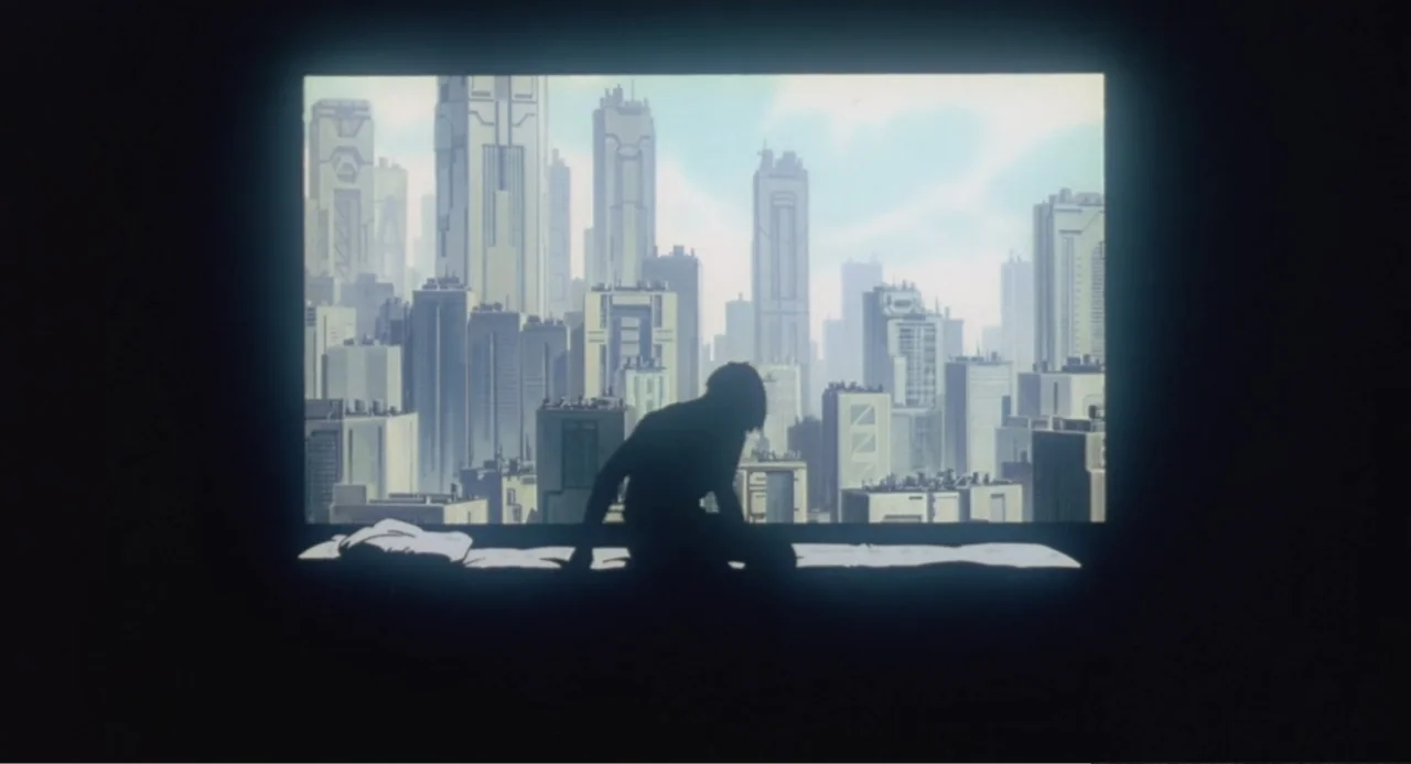 Ghost in the Shell (1995) movie still: medium — A dark bedroom interior features a vast panoramic window overlooking a dense futuristic metropolis.…