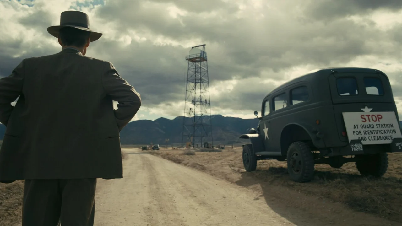 Oppenheimer (2023) movie still: medium — A high-desert landscape features a dirt road leading toward a remote industrial tower. A man in a tan suit…