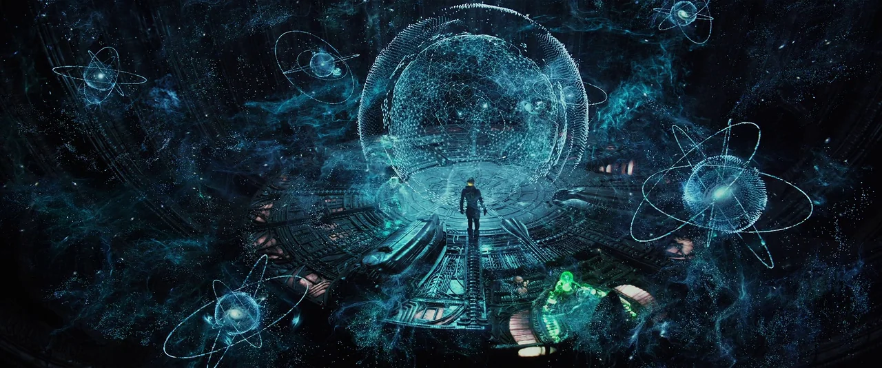 Prometheus (2012) movie still: wide — A complex, circular technological chamber features a central holographic interface and orbital atom models. A…