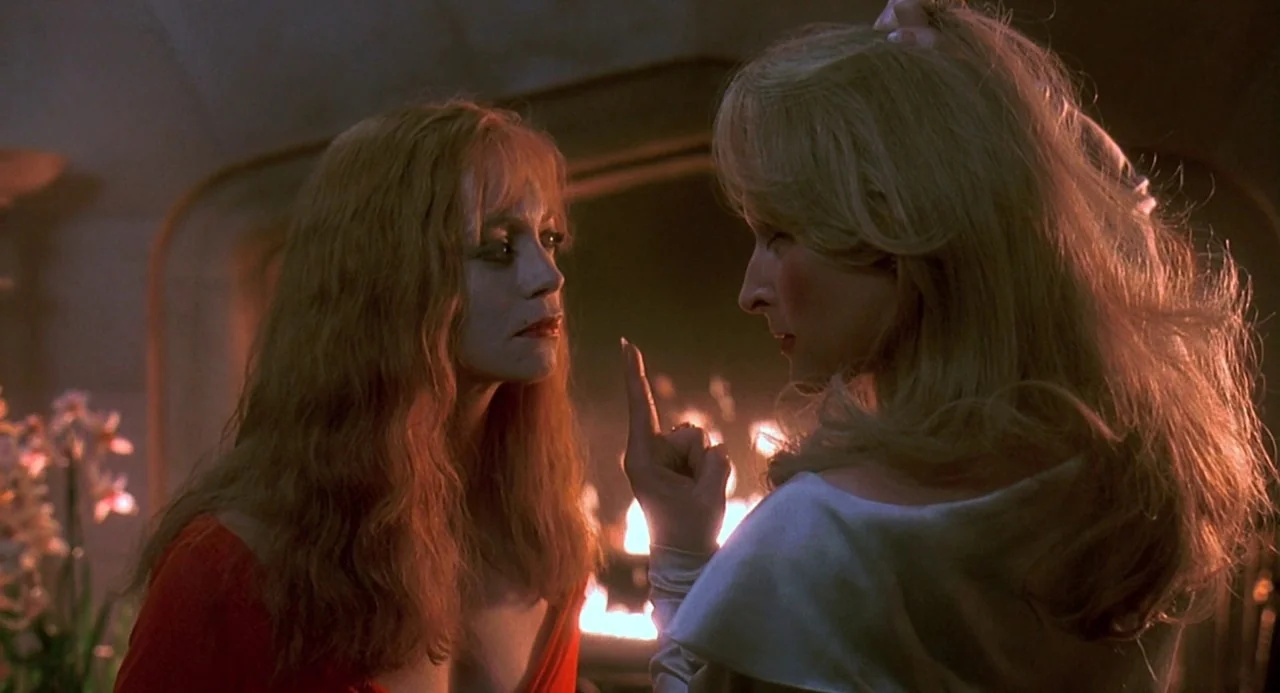 Death Becomes Her (1992) movie still: medium — A dark interior setting illuminated primarily by a large fireplace burning in the background. Two…